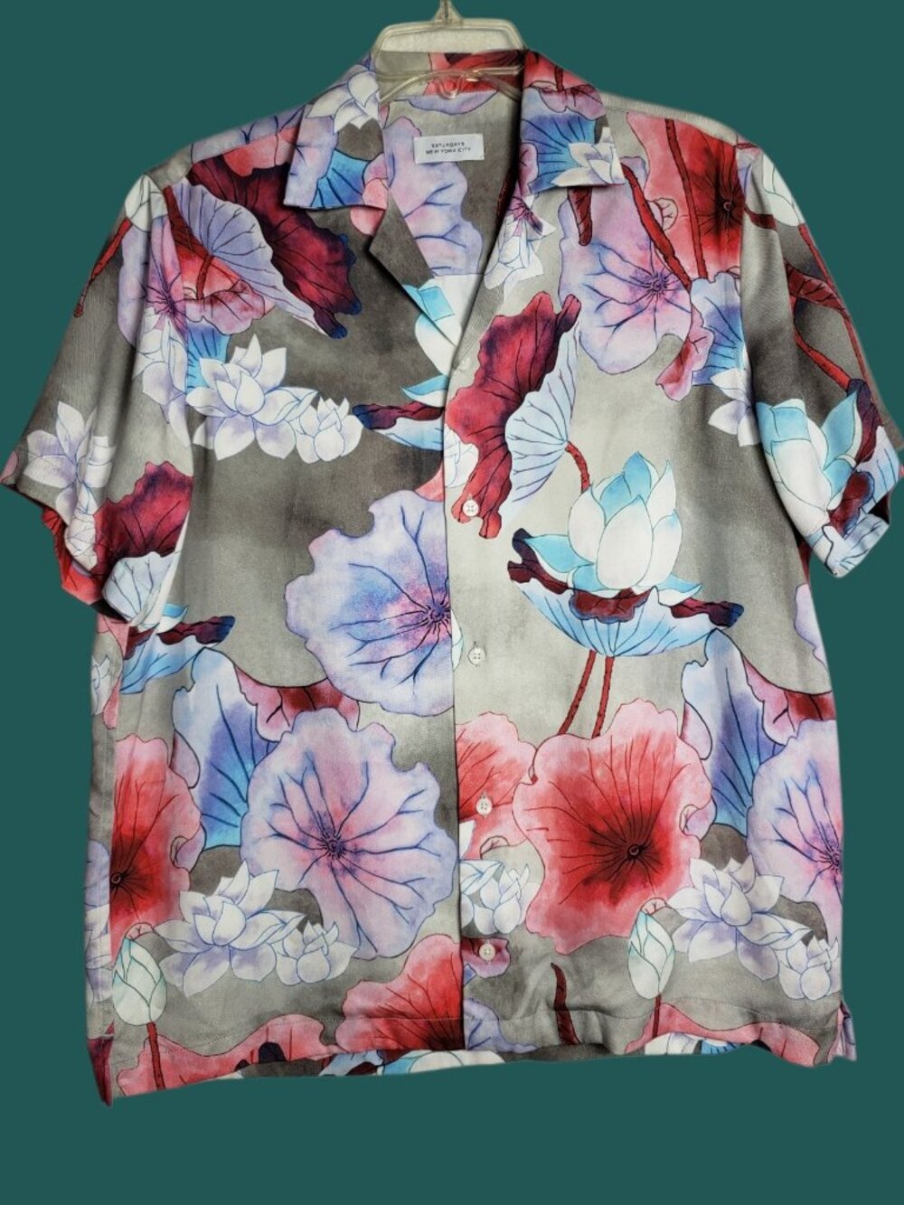 Saturdays NYC The Candy Lotus Button up Men Shirt Gray/Pink Small - Picture 3 of 13